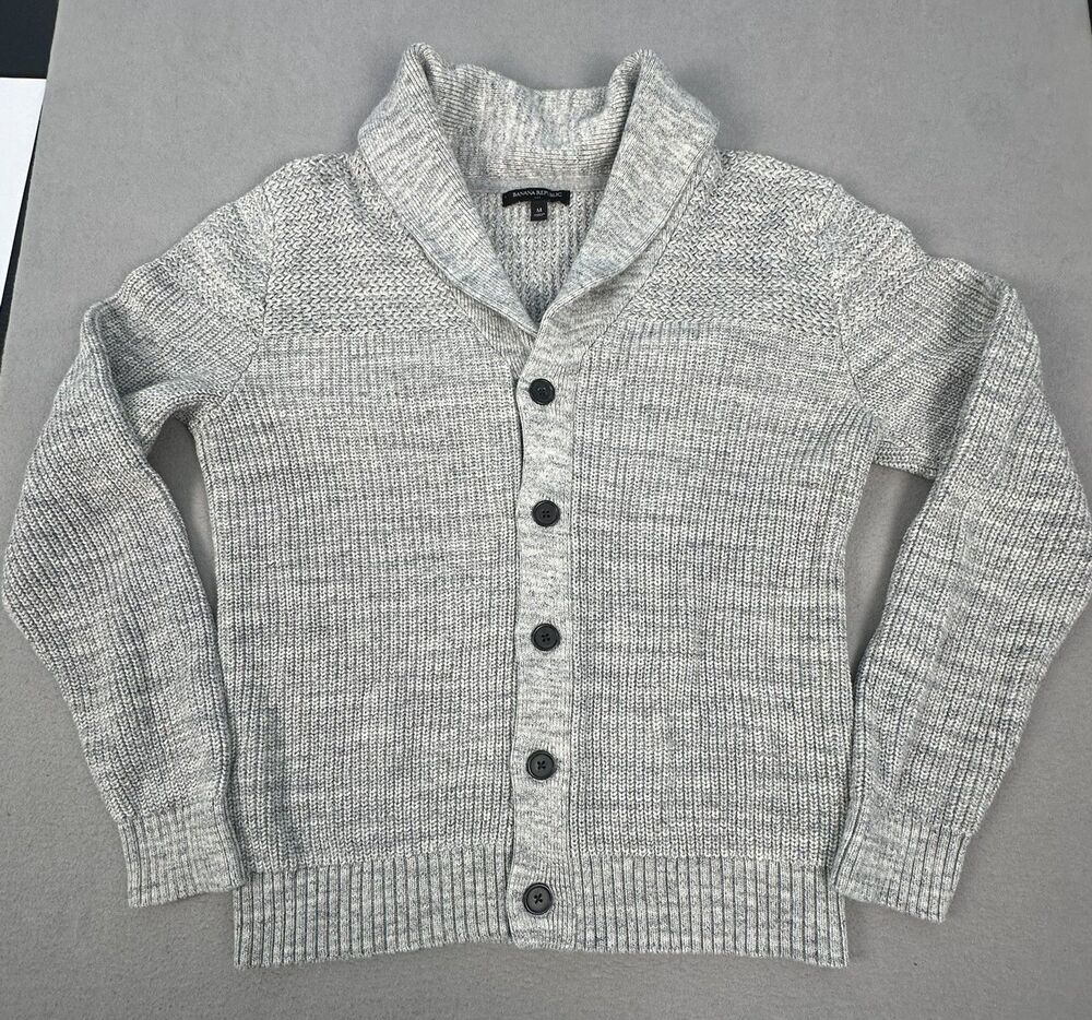 Banana Republic Men's Gray Shawl Collar Cardigan Cotton M Chunky Fisherman Cozy